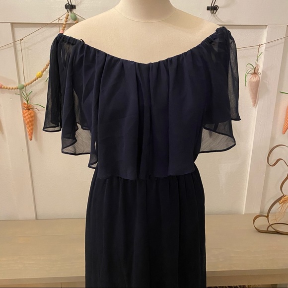 NEW Wayf Off The Shoulder Ruffle Popover Navy Gown - Picture 6 of 12